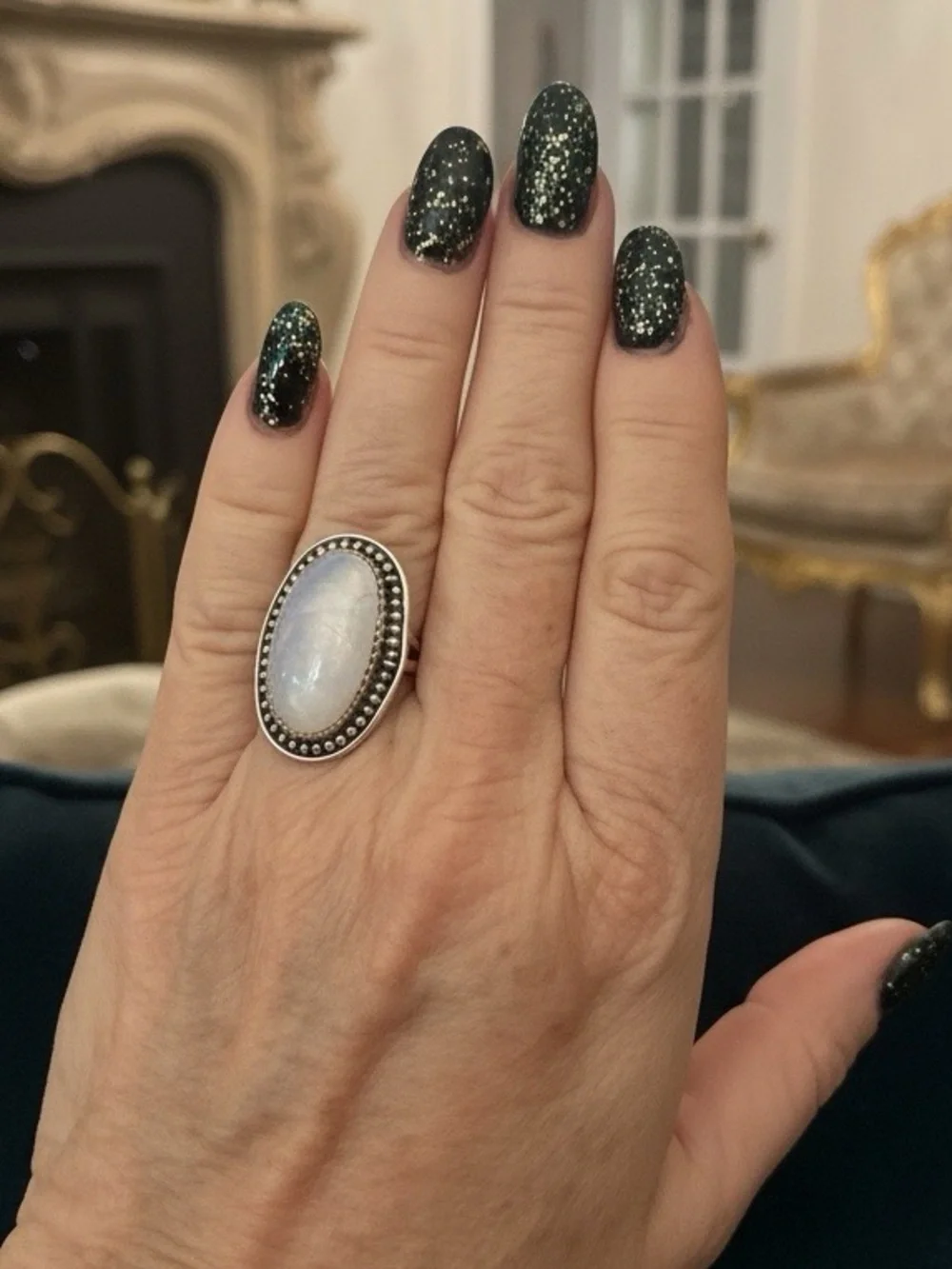 Sterling Silver genuine Moonstone Oval Statement Ring - White/Blue Sheen